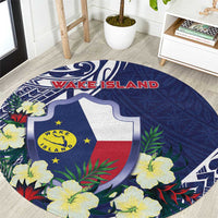 Wake Island Round Carpet Tribal Pattern With Hibiscus Flowers LT05 Blue - Polynesian Pride
