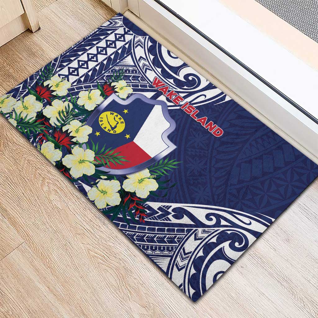 Wake Island Rubber Doormat Tribal Pattern With Hibiscus Flowers LT05 - Polynesian Pride