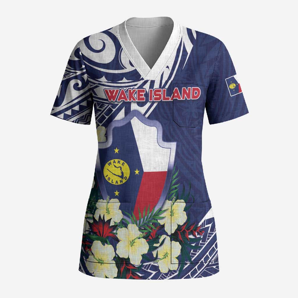 Personalised Wake Island Scrub Top Tribal Pattern With Hibiscus Flowers LT05 Adult Blue - Polynesian Pride