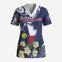 Personalised Wake Island Scrub Top Tribal Pattern With Hibiscus Flowers LT05 Adult Blue - Polynesian Pride