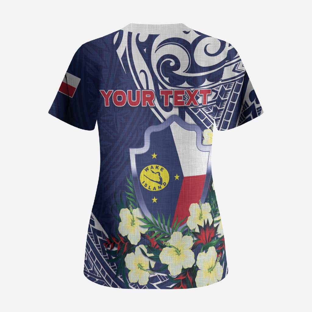 Personalised Wake Island Scrub Top Tribal Pattern With Hibiscus Flowers LT05 - Polynesian Pride