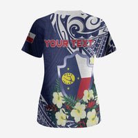 Personalised Wake Island Scrub Top Tribal Pattern With Hibiscus Flowers LT05 - Polynesian Pride