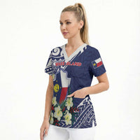 Personalised Wake Island Scrub Top Tribal Pattern With Hibiscus Flowers LT05 - Polynesian Pride
