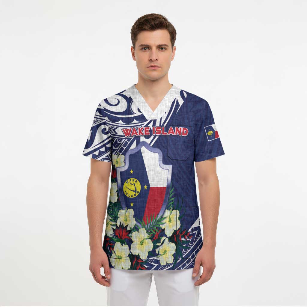 Personalised Wake Island Scrub Top Tribal Pattern With Hibiscus Flowers LT05 - Polynesian Pride