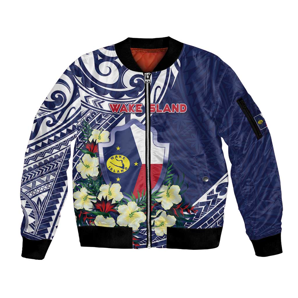 Personalised Wake Island Sleeve Zip Bomber Jacket Tribal Pattern With Hibiscus Flowers LT05 Unisex Blue - Polynesian Pride