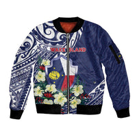Personalised Wake Island Sleeve Zip Bomber Jacket Tribal Pattern With Hibiscus Flowers LT05 Unisex Blue - Polynesian Pride
