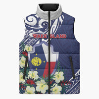 Personalised Wake Island Sleeveless Puffer Jacket Tribal Pattern With Hibiscus Flowers LT05 Unisex Blue - Polynesian Pride