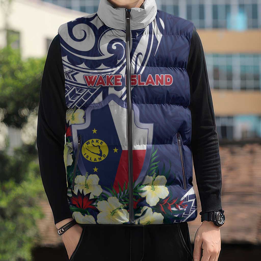 Personalised Wake Island Sleeveless Puffer Jacket Tribal Pattern With Hibiscus Flowers LT05 - Polynesian Pride