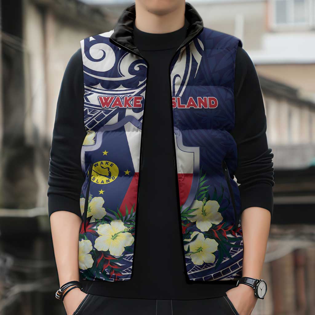 Personalised Wake Island Sleeveless Puffer Jacket Tribal Pattern With Hibiscus Flowers LT05 - Polynesian Pride