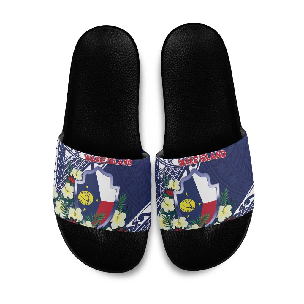 Wake Island Slide Sandals Tribal Pattern With Hibiscus Flowers LT05 Blue - Polynesian Pride