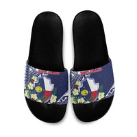 Wake Island Slide Sandals Tribal Pattern With Hibiscus Flowers LT05 Blue - Polynesian Pride