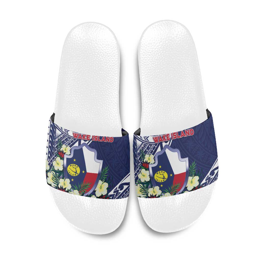 Wake Island Slide Sandals Tribal Pattern With Hibiscus Flowers LT05 Blue - Polynesian Pride