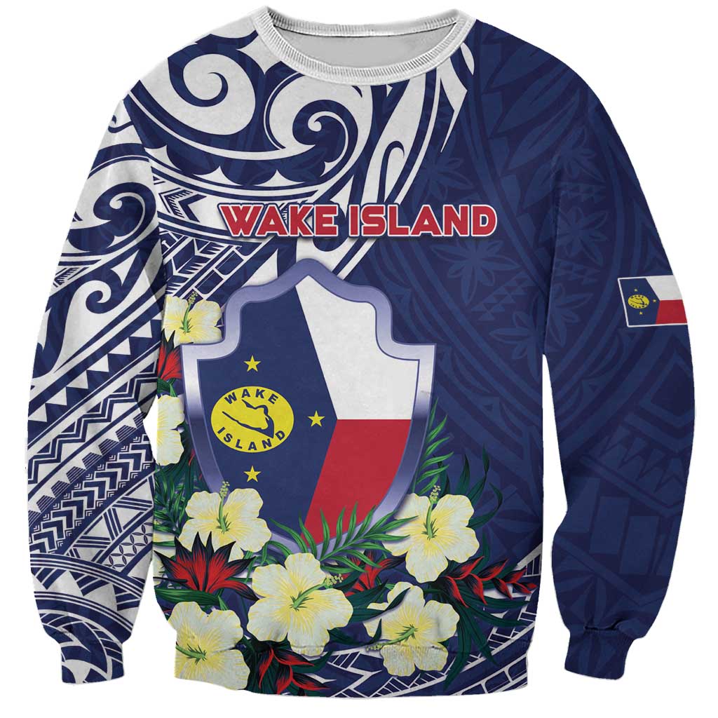 Personalised Wake Island Sweatshirt Tribal Pattern With Hibiscus Flowers LT05 Unisex Blue - Polynesian Pride
