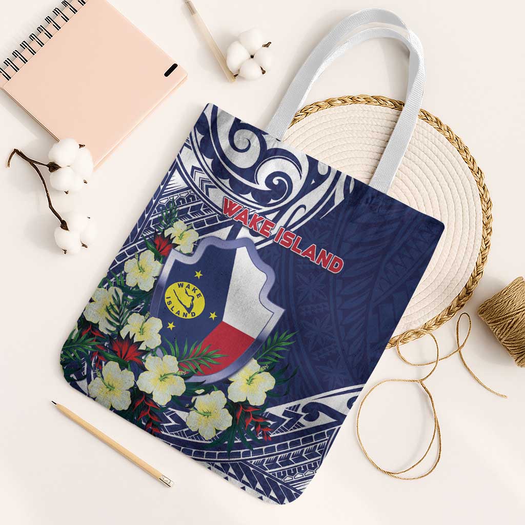 Wake Island Tote Bag Tribal Pattern With Hibiscus Flowers LT05 White Strap One Size Blue - Polynesian Pride
