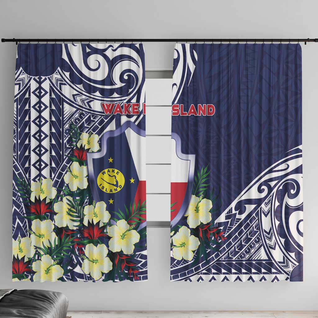 Wake Island Window Curtain Tribal Pattern With Hibiscus Flowers LT05 With Hooks Blue - Polynesian Pride
