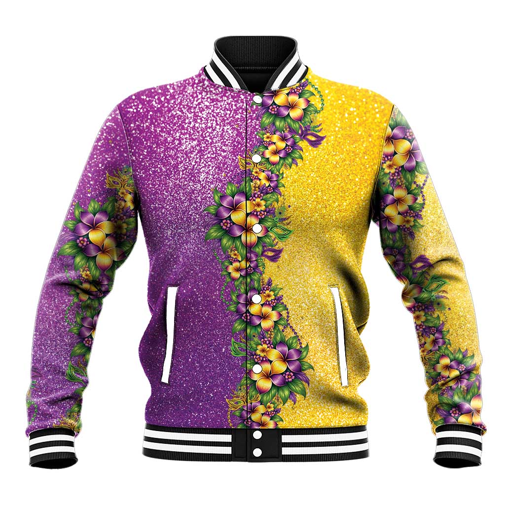 Hawaii Mardi Gras Baseball Jacket Plumeria Lei Beads Glitter Style LT05 Unisex Colorful - Polynesian Pride