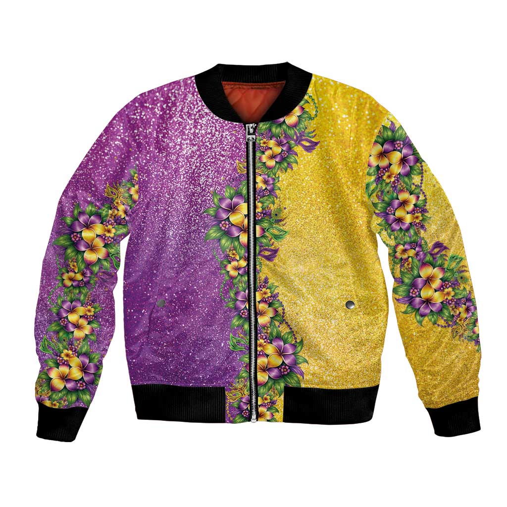 Hawaii Mardi Gras Bomber Jacket Plumeria Lei Beads Glitter Style LT05 Unisex Colorful - Polynesian Pride