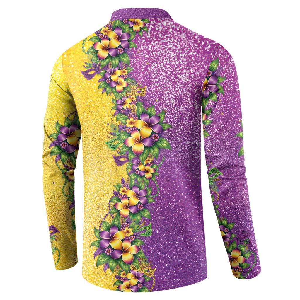 Hawaii Mardi Gras Button Sweatshirt Plumeria Lei Beads Glitter Style LT05 - Polynesian Pride