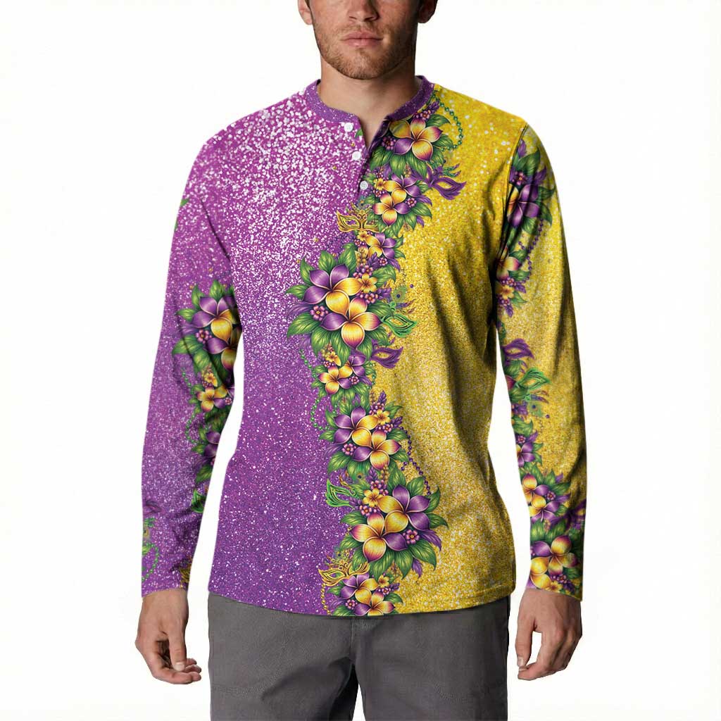 Hawaii Mardi Gras Button Sweatshirt Plumeria Lei Beads Glitter Style LT05 - Polynesian Pride