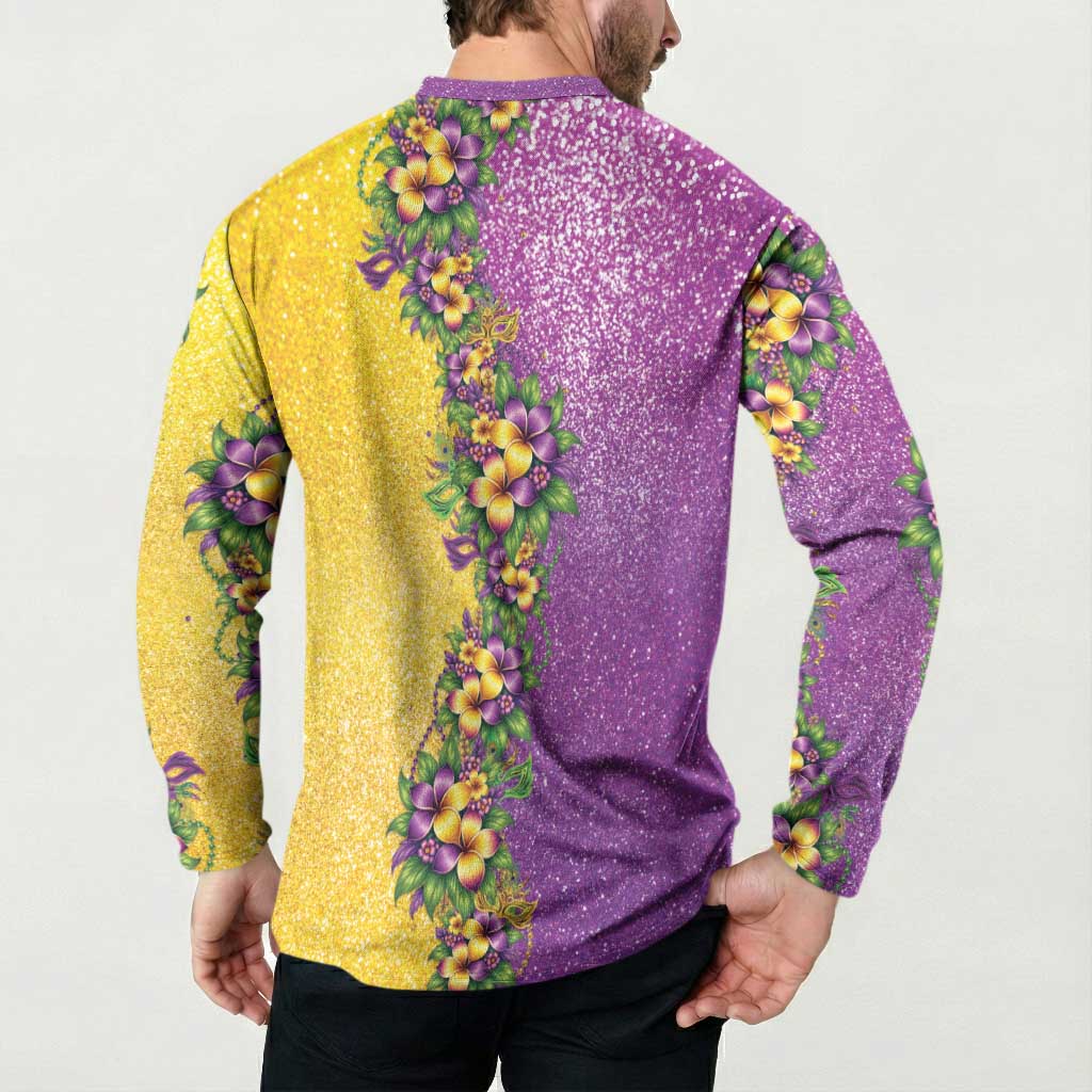Hawaii Mardi Gras Button Sweatshirt Plumeria Lei Beads Glitter Style LT05 - Polynesian Pride