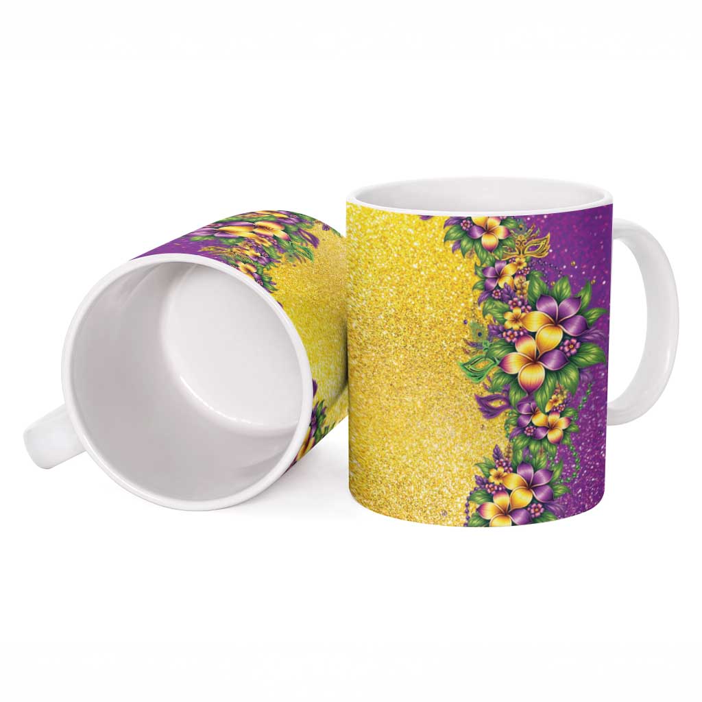 Hawaii Mardi Gras Ceramic Mug Plumeria Lei Beads Glitter Style LT05 - Polynesian Pride