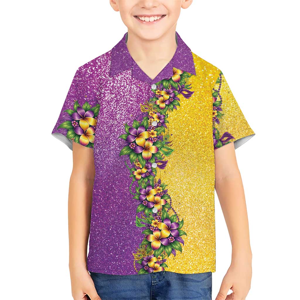 Hawaii Mardi Gras Kid Hawaiian Shirt Plumeria Lei Beads Glitter Style LT05 Kid Colorful - Polynesian Pride