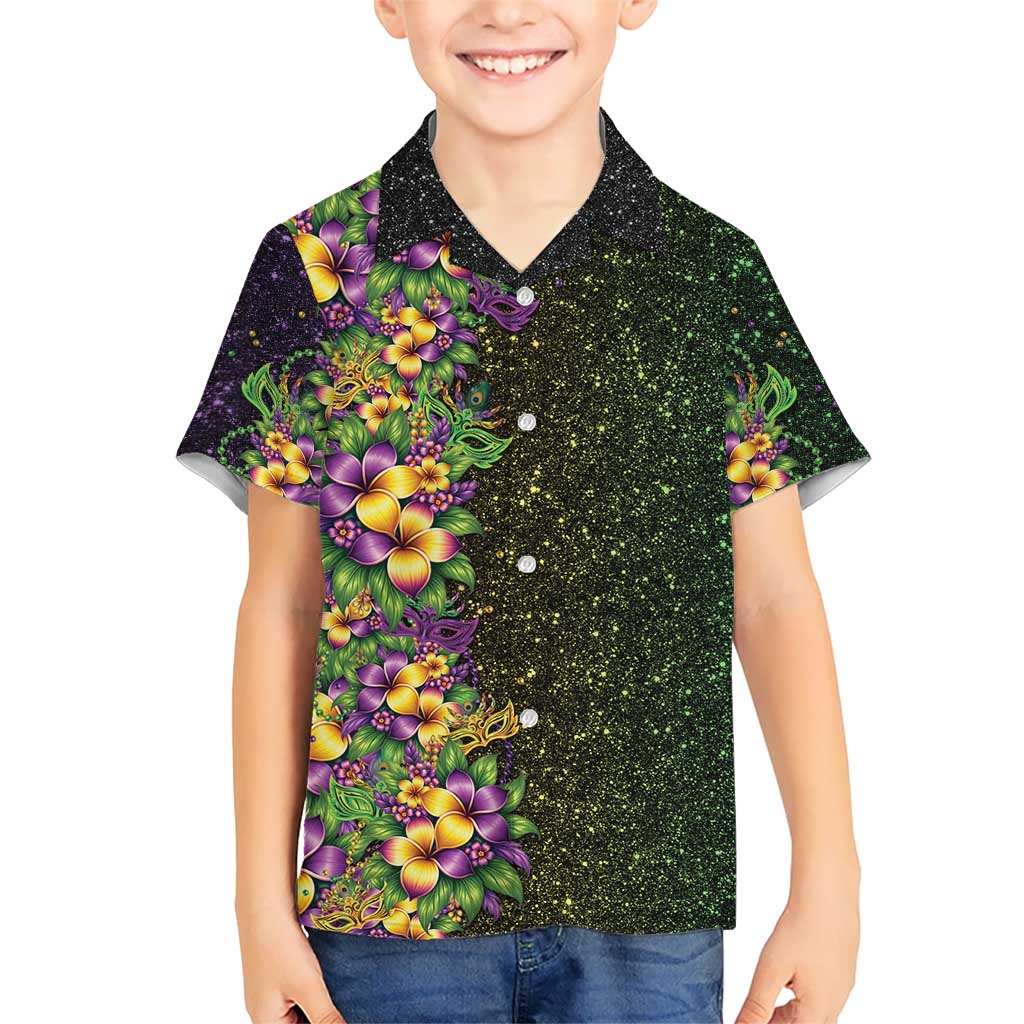Hawaii Mardi Gras Kid Hawaiian Shirt Tropical Flowers Glitter Style LT05 Kid Black - Polynesian Pride
