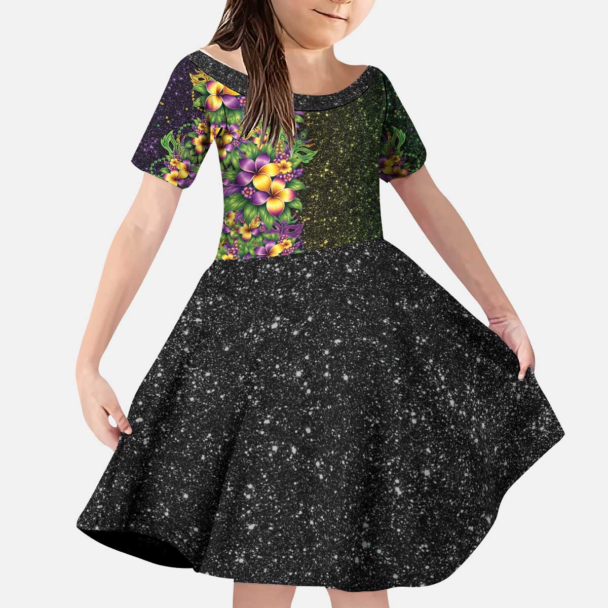Hawaii Mardi Gras Kid Short Sleeve Dress Tropical Flowers Glitter Style LT05 KID Black - Polynesian Pride