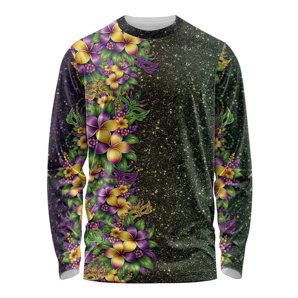 Hawaii Mardi Gras Long Sleeve Shirt Tropical Flowers Glitter Style LT05 Unisex Black - Polynesian Pride