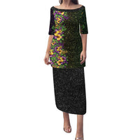 Hawaii Mardi Gras Puletasi Tropical Flowers Glitter Style LT05 Long Dress Black - Polynesian Pride
