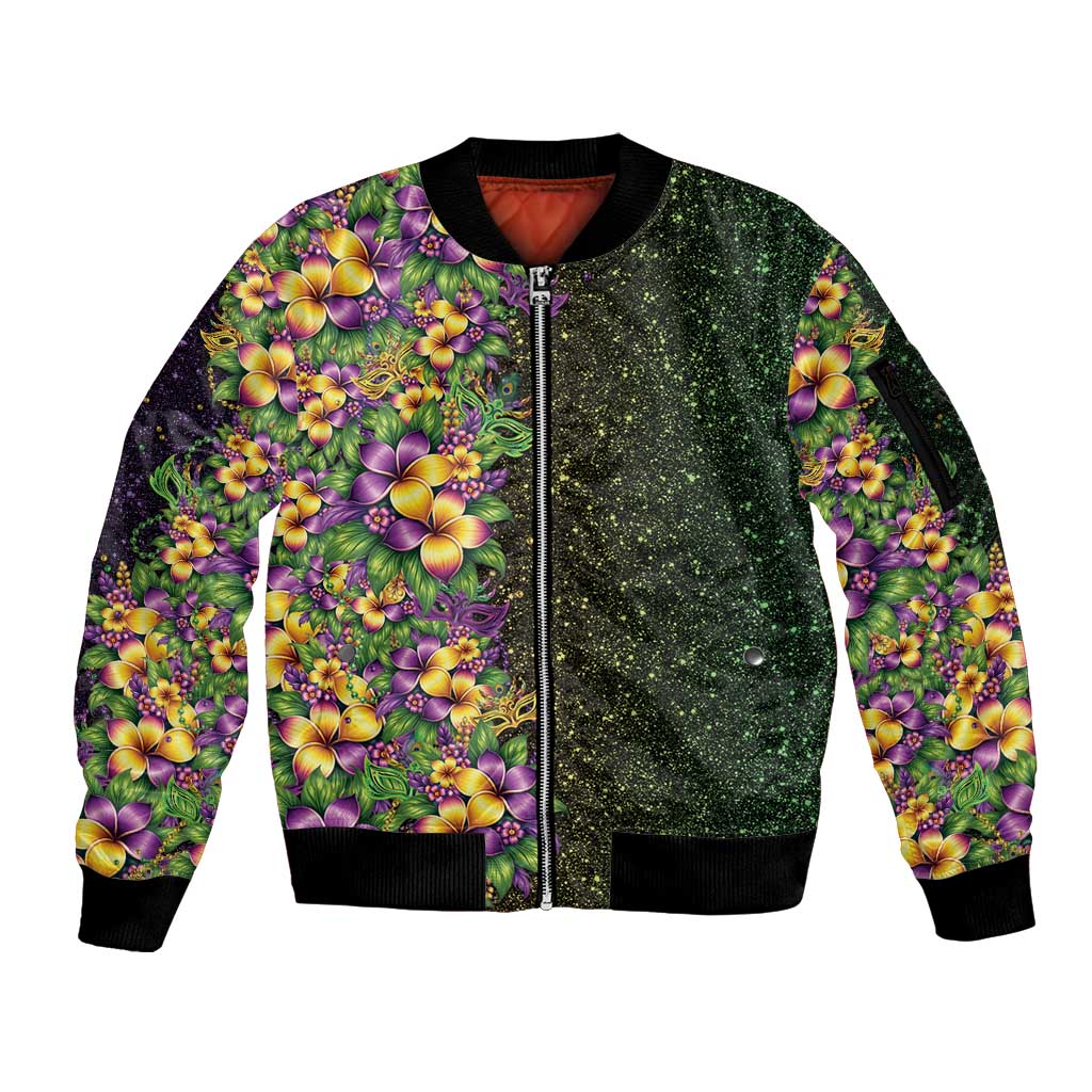 Hawaii Mardi Gras Sleeve Zip Bomber Jacket Tropical Flowers Glitter Style LT05 Unisex Black - Polynesian Pride