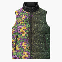Hawaii Mardi Gras Sleeveless Puffer Jacket Tropical Flowers Glitter Style LT05 Unisex Black - Polynesian Pride
