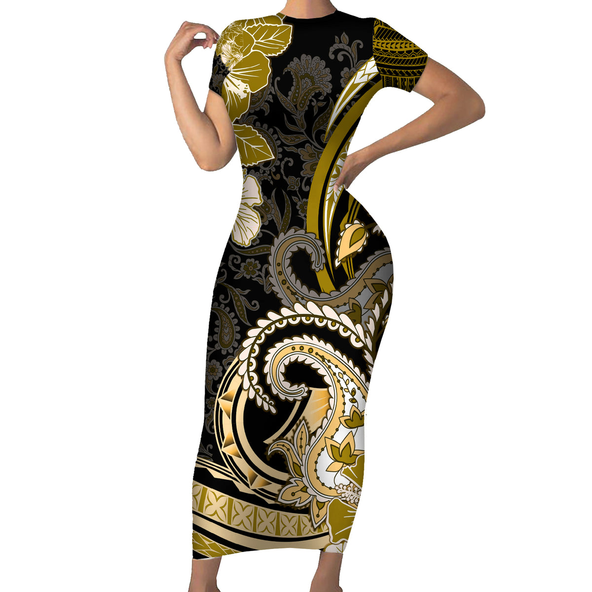 Polynesia Paisley Short Sleeve Bodycon Dress Mix Gold Polynesian Pattern LT05 Long Dress Gold - Polynesian Pride