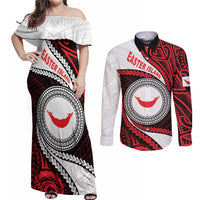 Easter Island Couples Matching Off Shoulder Maxi Dress and Long Sleeve Button Shirt Moai Statues Polynesian Style LT05 Red - Polynesian Pride