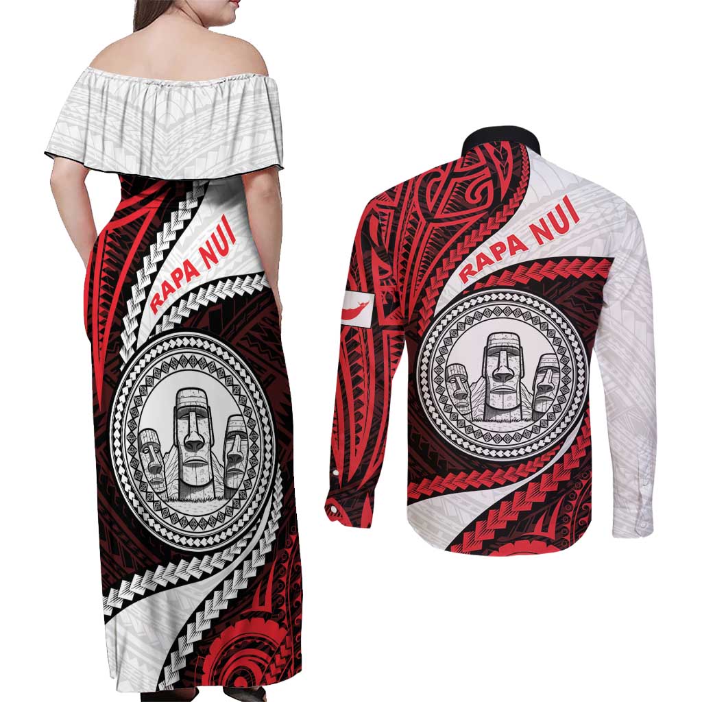 Easter Island Couples Matching Off Shoulder Maxi Dress and Long Sleeve Button Shirt Moai Statues Polynesian Style LT05 - Polynesian Pride