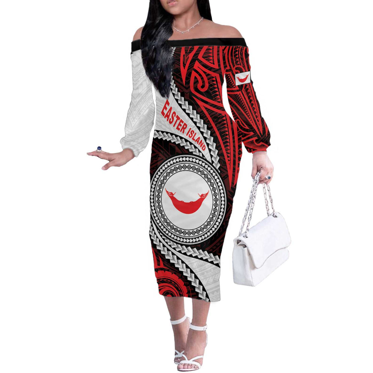 Easter Island Off The Shoulder Long Sleeve Dress Moai Statues Polynesian Style LT05 Women Red - Polynesian Pride