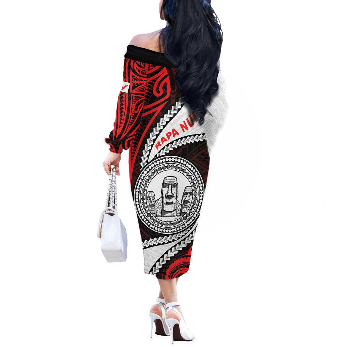 Easter Island Off The Shoulder Long Sleeve Dress Moai Statues Polynesian Style LT05 - Polynesian Pride