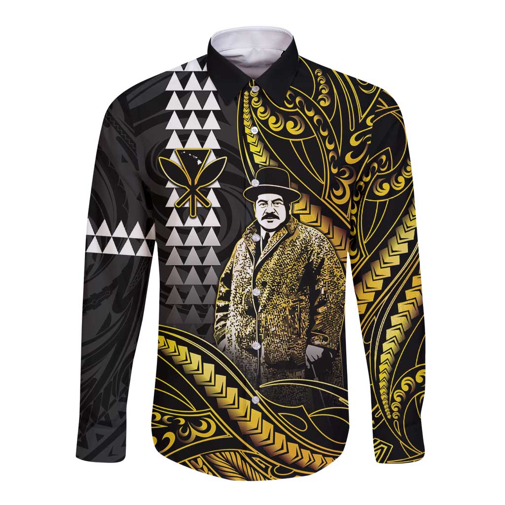 Hawaii Kuhio The Citizen Prince Long Sleeve Button Shirt Gold Polynesian Tribal Tattoo LT05 Unisex Gold - Polynesian Pride