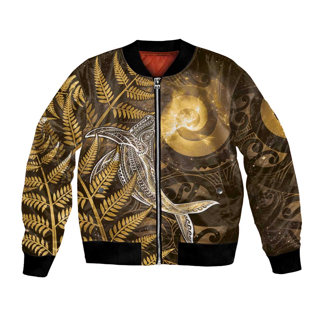 New Zealand Matariki Bomber Jacket Maori Koru With Humpback Whale Gold LT05 Unisex Gold - Polynesian Pride