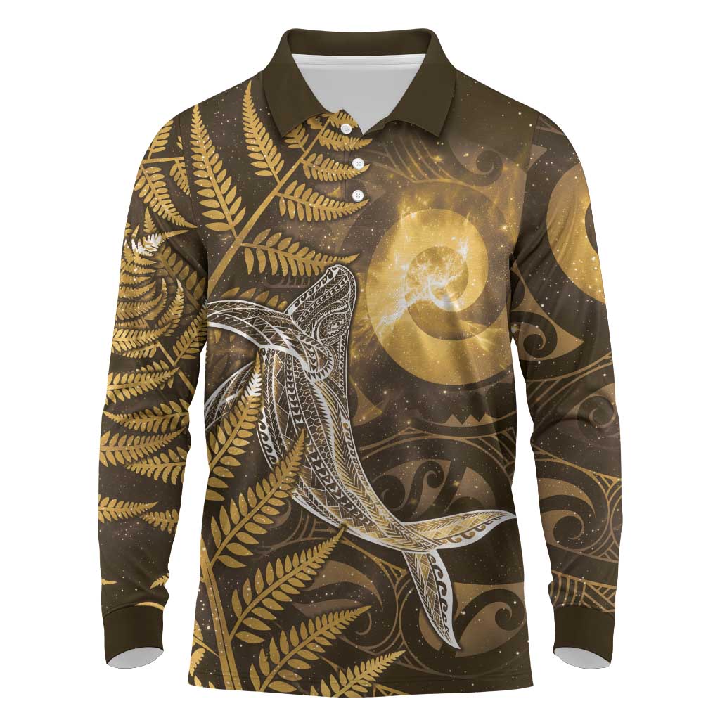 New Zealand Matariki Long Sleeve Polo Shirt Maori Koru With Humpback Whale Gold LT05 Gold - Polynesian Pride
