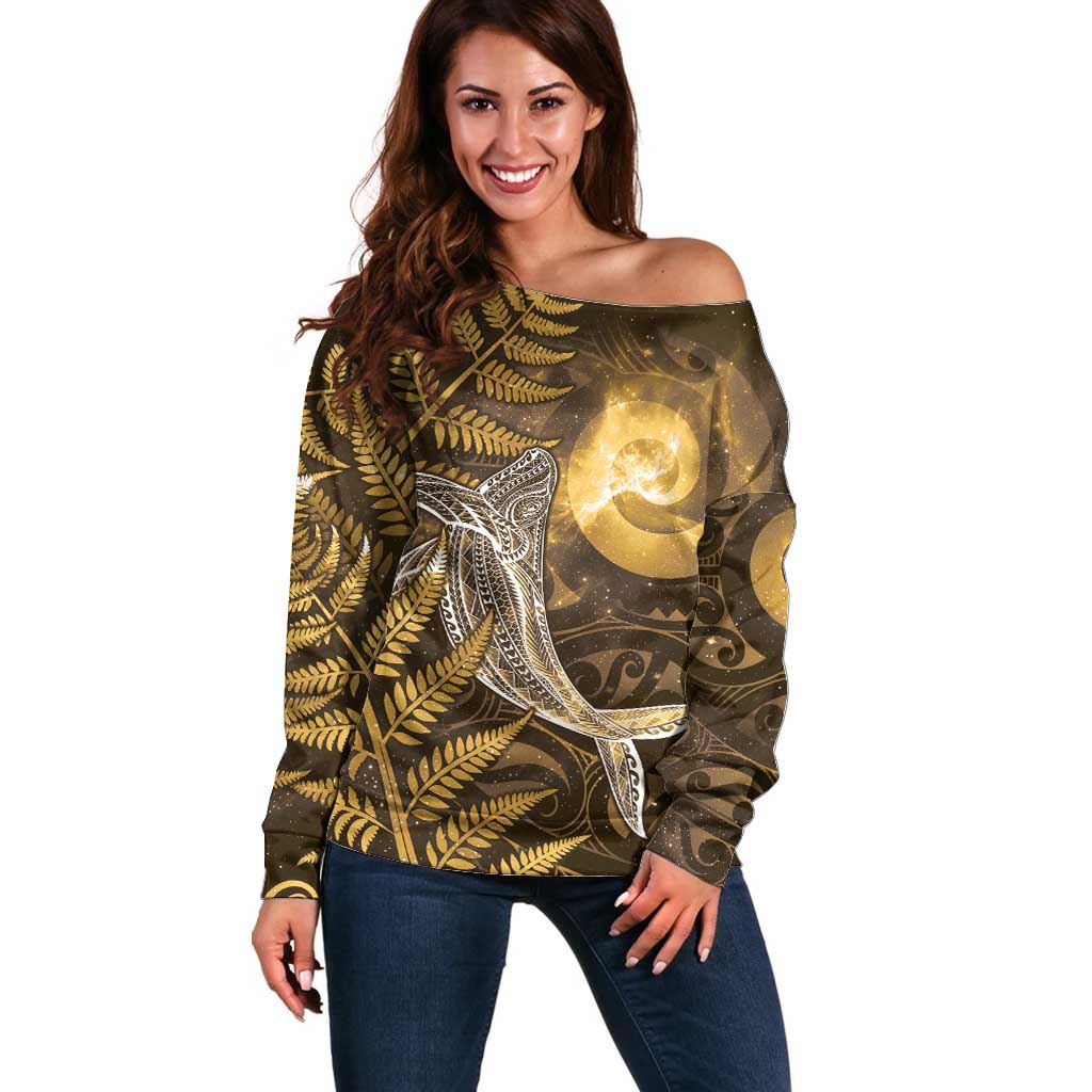 New Zealand Matariki Off Shoulder Sweater Maori Koru With Humpback Whale Gold LT05 Women Gold - Polynesian Pride