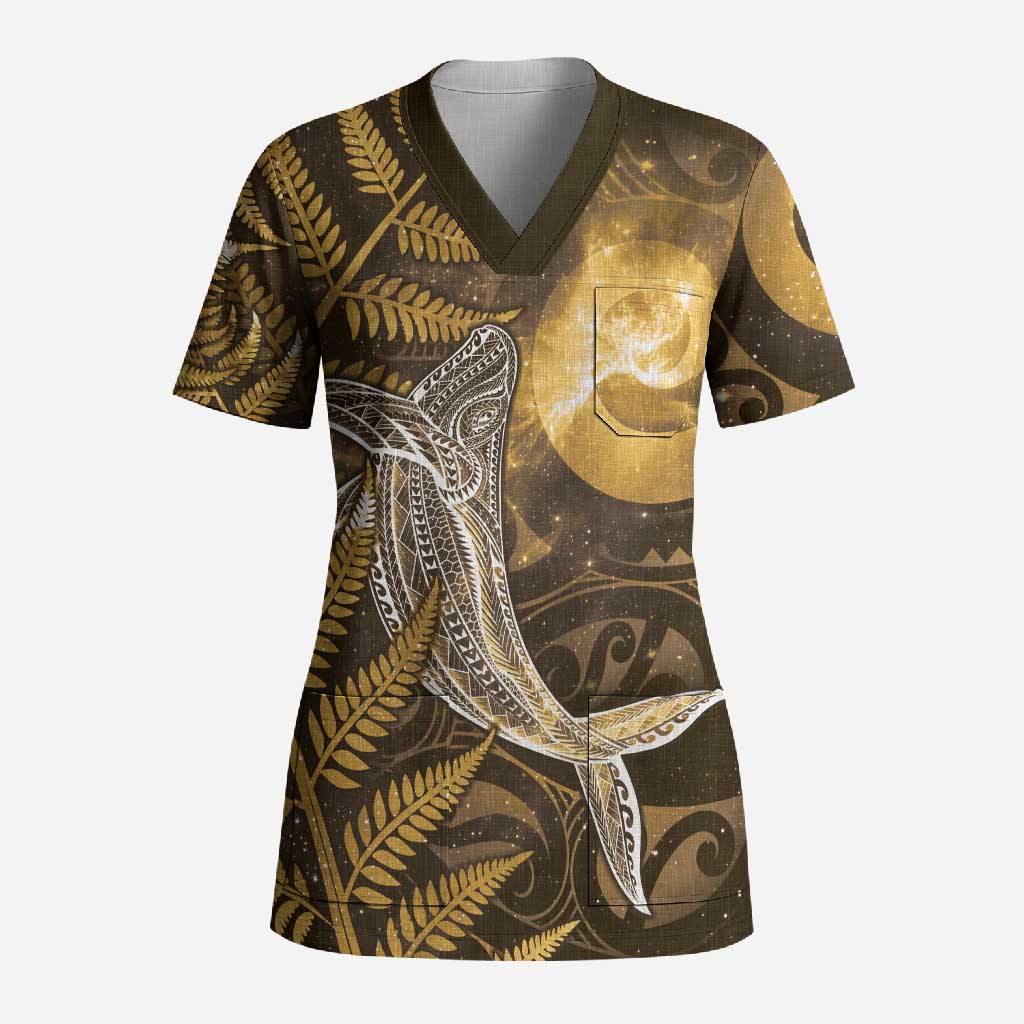New Zealand Matariki Scrub Top Maori Koru With Humpback Whale Gold LT05 Adult Gold - Polynesian Pride