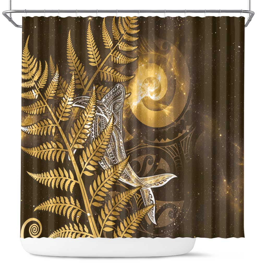 New Zealand Matariki Shower Curtain Maori Koru With Humpback Whale Gold LT05 Gold - Polynesian Pride