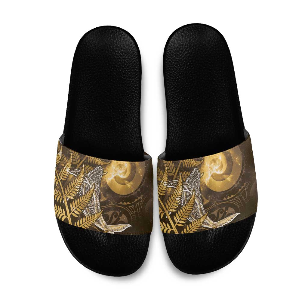 New Zealand Matariki Slide Sandals Maori Koru With Humpback Whale Gold LT05 Gold - Polynesian Pride