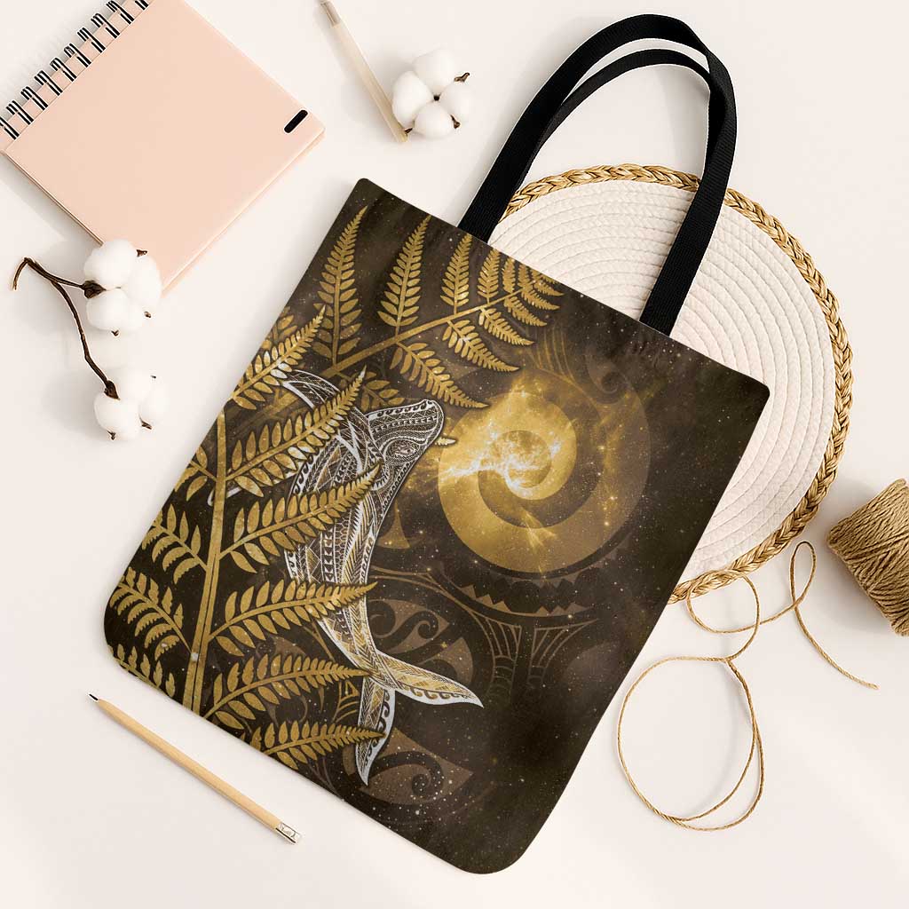 New Zealand Matariki Tote Bag Maori Koru With Humpback Whale Gold LT05 Black Strap One Size Gold - Polynesian Pride