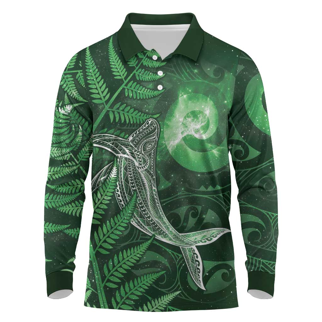 New Zealand Matariki Long Sleeve Polo Shirt Maori Koru With Humpback Whale Green LT05 Green - Polynesian Pride