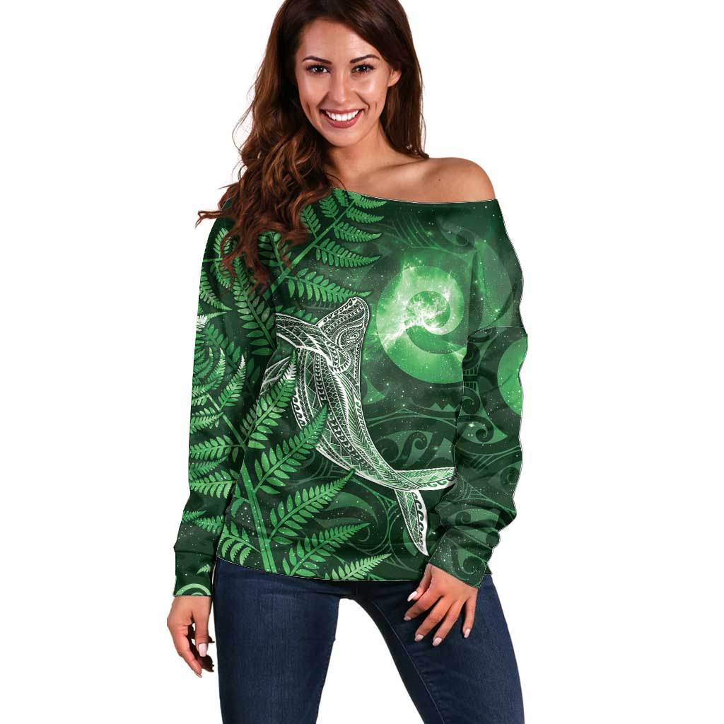 New Zealand Matariki Off Shoulder Sweater Maori Koru With Humpback Whale Green LT05 Women Green - Polynesian Pride