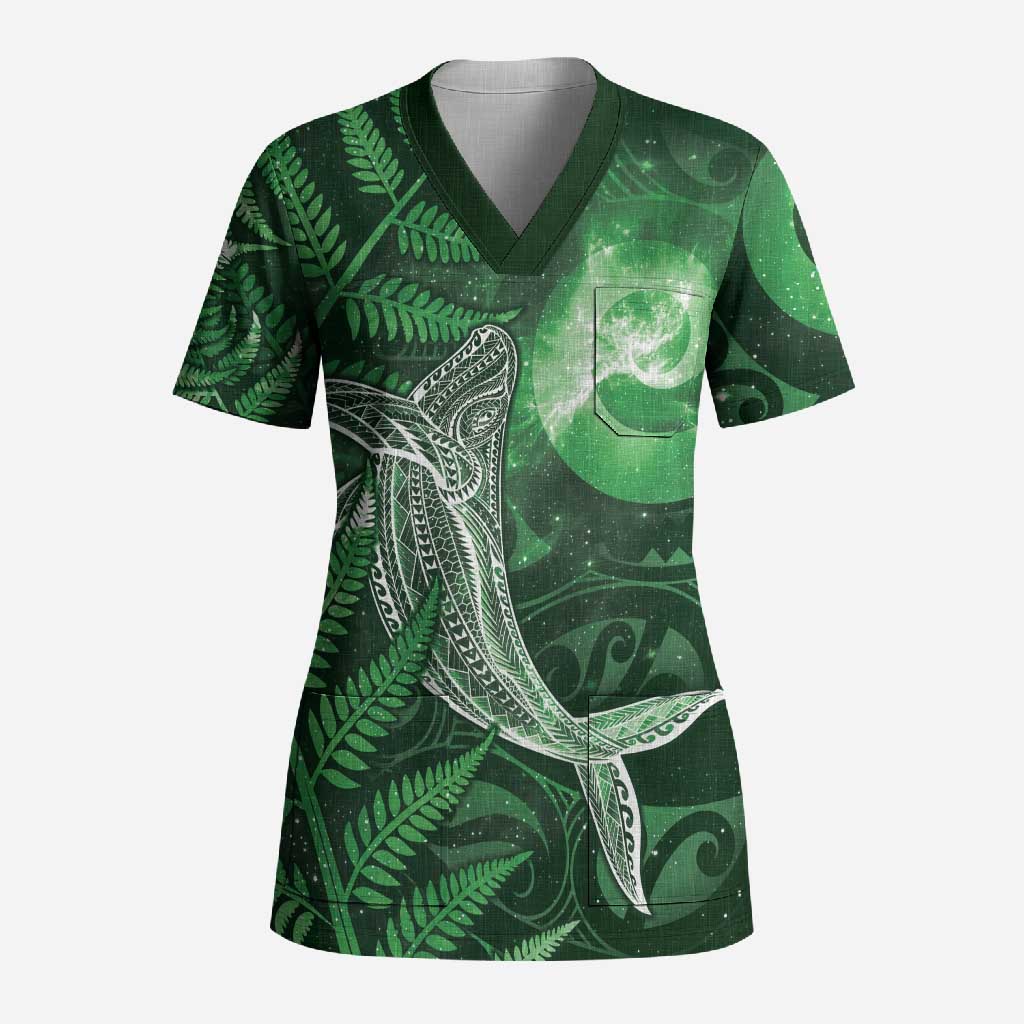 New Zealand Matariki Scrub Top Maori Koru With Humpback Whale Green LT05 Adult Green - Polynesian Pride