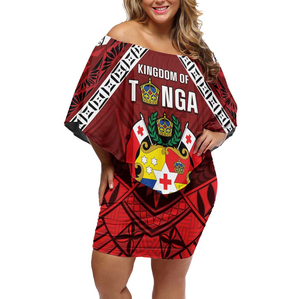 Tonga Emancipation Day Off Shoulder Short Dress Tongan Kupesi Pattern LT05 Women Red - Polynesian Pride