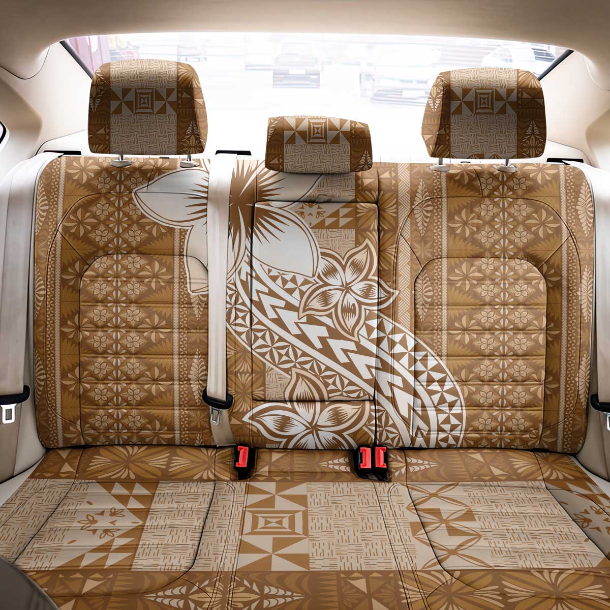 Tonga Kupesi Ngatu Back Car Seat Cover Vintage Brown Plumeria LT05 - Polynesian Pride